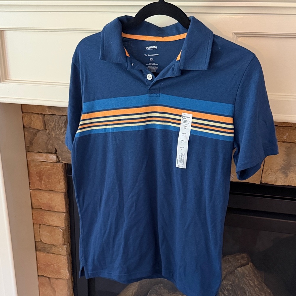 Sonoma Blue Polo with Orange and Light Blue Stripes
